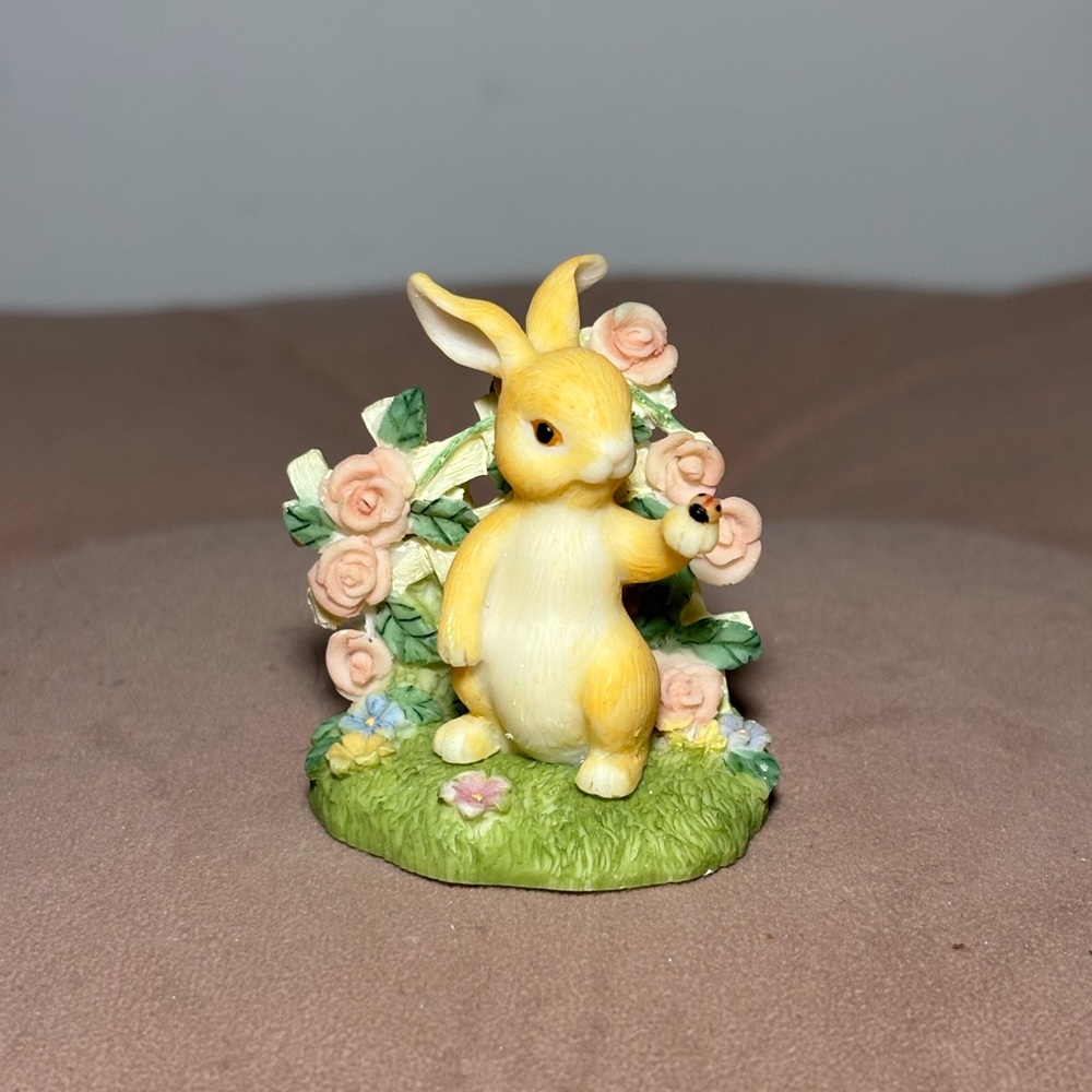 Yellow Bunny Figurine with Ladybug- Russ Berrie "Nature's Wonder" Vintage 1990s
